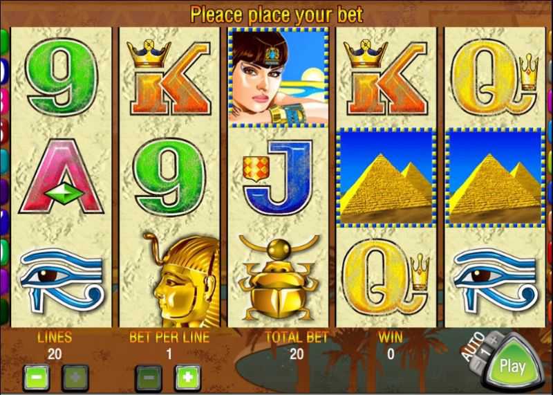 Queen of the Nile pokie theme – Egyptian pyramids, Eye of Horus and golden desert visuals